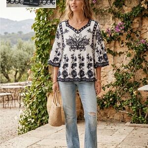 Boho V-Neck Embroidered Peasant Blouse - White with black